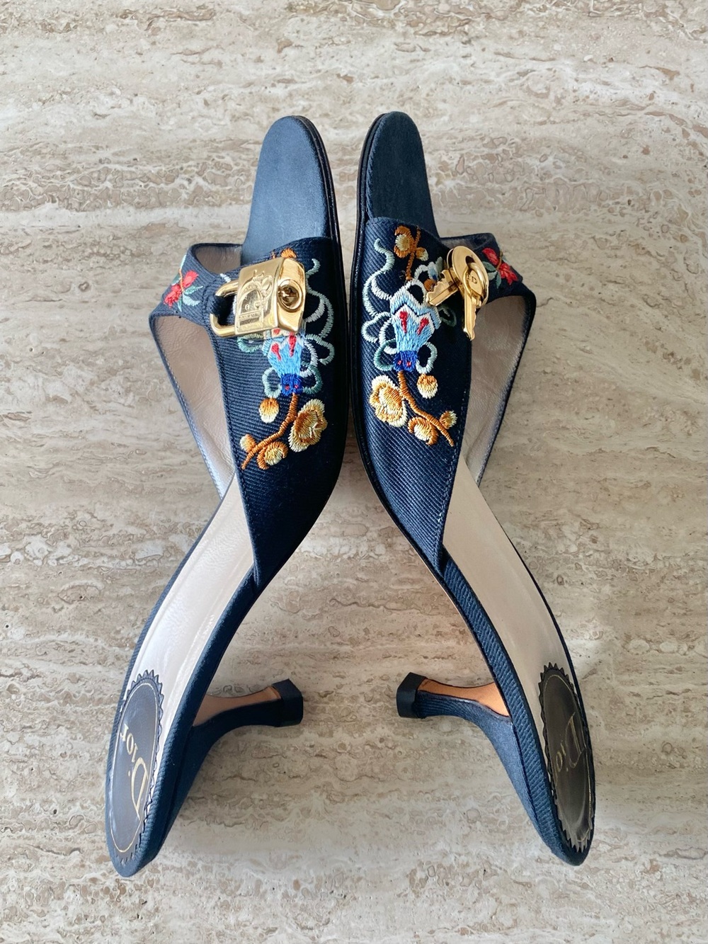 Vintage Dior Embroidered Key Lock Mule Kitten Heel Sandals - Picture 5 of 11